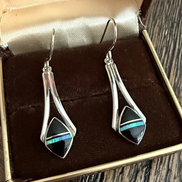 Kenneth Bitsie Navajo Sterling Silver Onyx & Opal Inlay Dangle Earrings - Picture 2 of 4